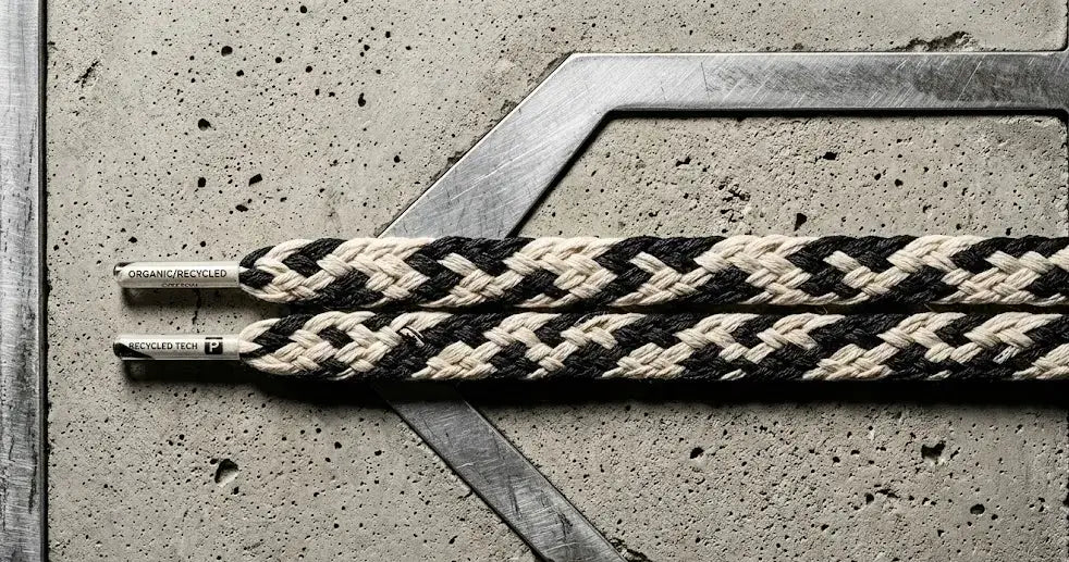 Premium sustainable and recyclable replacement shoelaces from Privlace eco promise collection laid out on a minimalist industrial surface.
