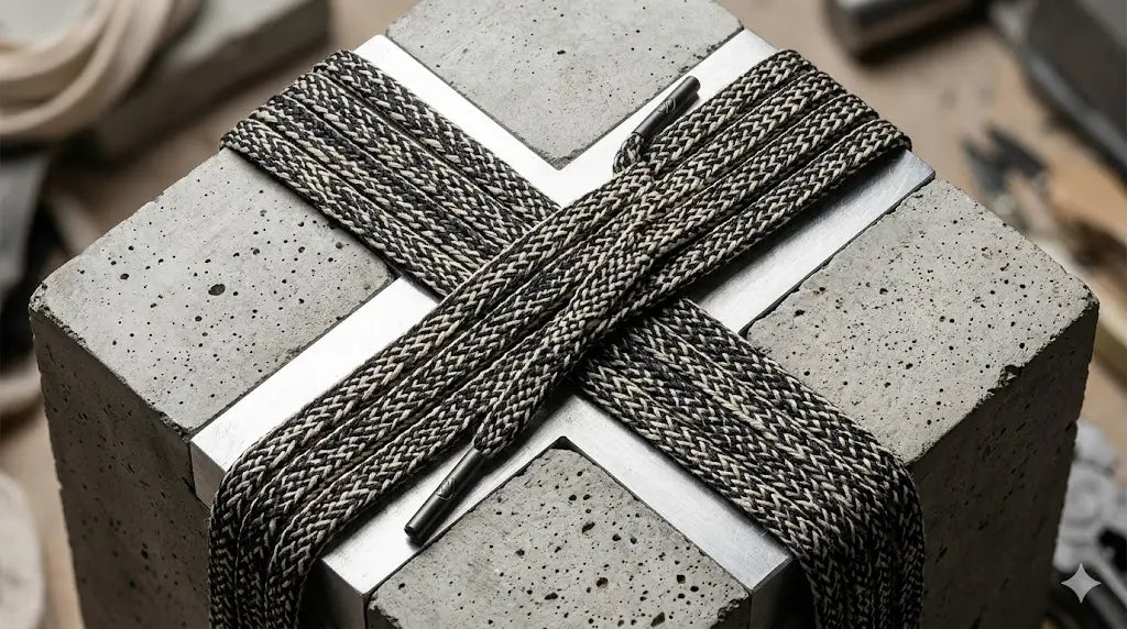 Premium sustainable and recyclable replacement shoelaces from Privlace eco promise collection laid out on a minimalist industrial surface.